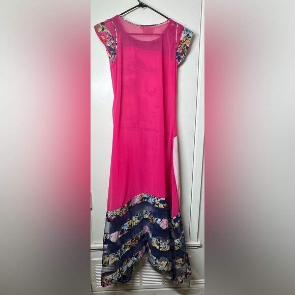 R23 by Jini Mini Pink Blue Floral Semi Sheer Model Photo Maxi Sequin Dress M - Picture 7 of 11